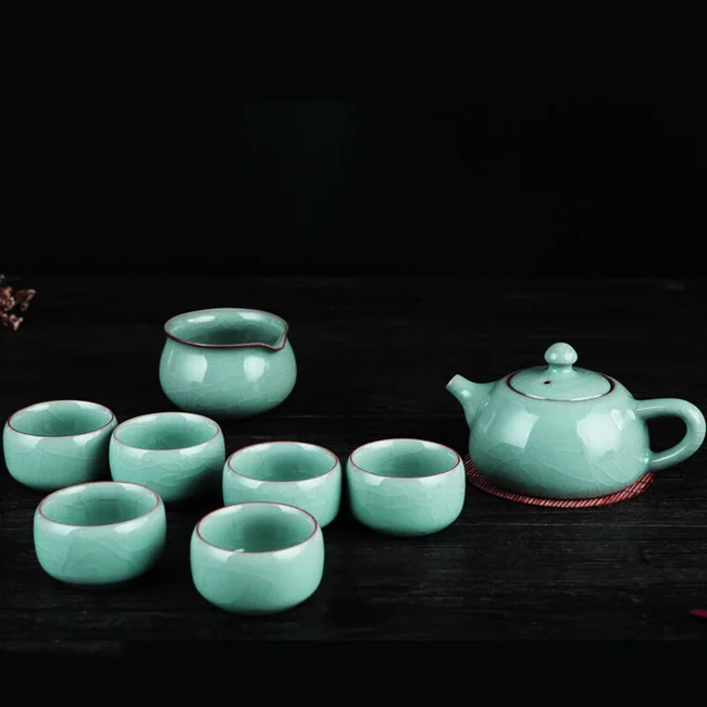 OUJIANG瓯江龙泉青瓷哥窑·西施壶8头茶具套装零铅零镉梅子青| 瓯江