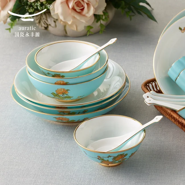 中式精美餐具·AURATIC 国瓷永丰源夫人瓷西湖蓝22头家用碗盘碟勺陶瓷