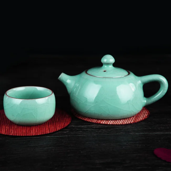 OUJIANG瓯江龙泉青瓷哥窑·西施壶8头茶具套装零铅零镉梅子青| 瓯江