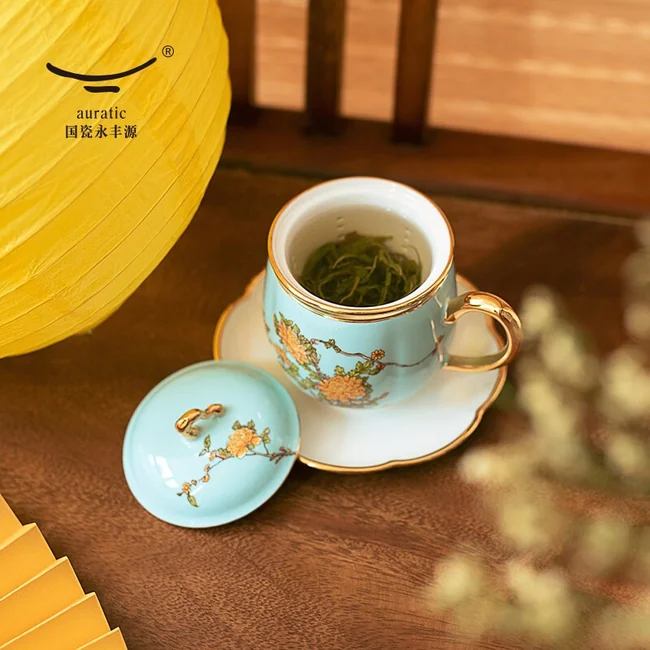 中式精美餐具·Auratic 国瓷永丰源夫人瓷西湖蓝泡茶杯四件套盖杯280ml