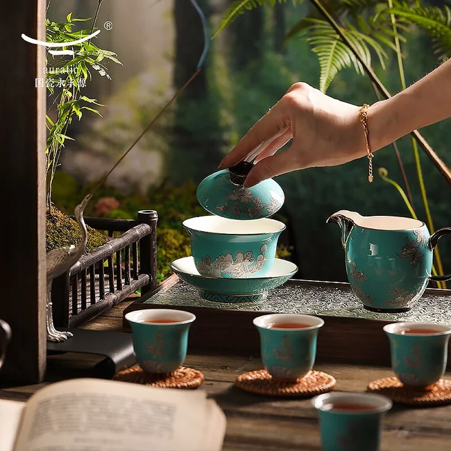 中式茶具推荐·Auratic 国瓷永丰源水墨牡丹8头中式茶具套装