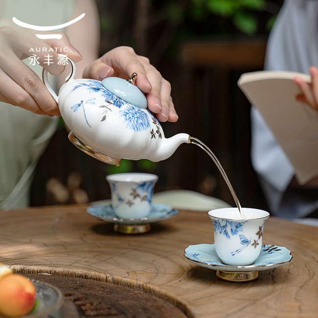 中国直邮，时效10-15天】永丰源铂金青花6头中式茶具（2人位）-中秋礼
