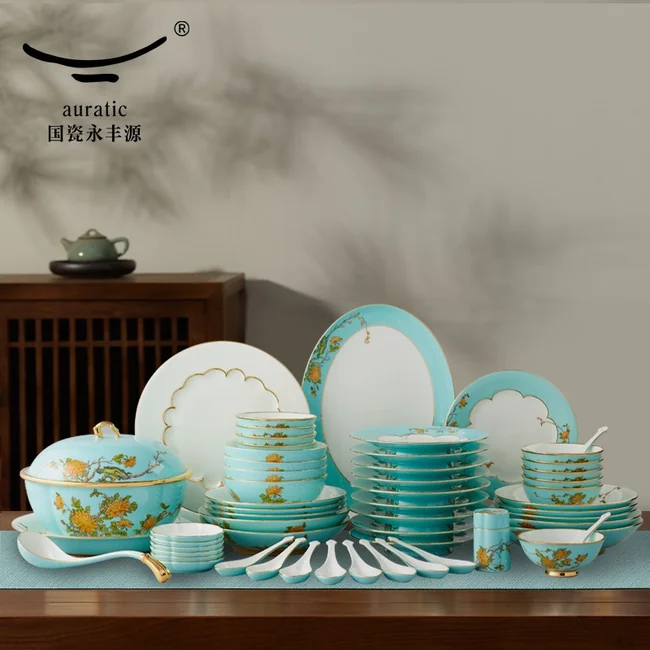 中式精美餐具推荐| auratic国瓷永丰源夫人瓷西湖蓝58头中式家用餐具套装