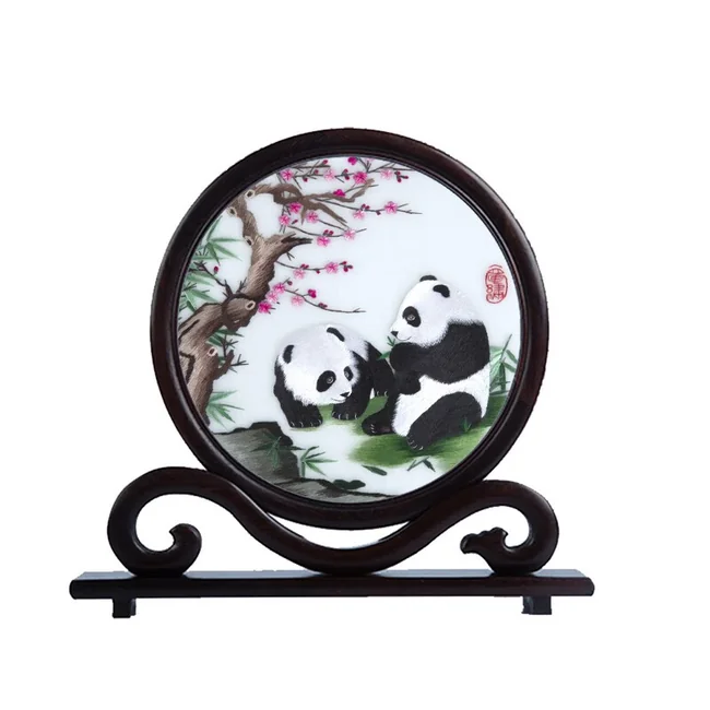 中国直邮，时效10-15天】蜀中瑰宝蜀绣双面刺绣熊猫摆件中国特色礼物送