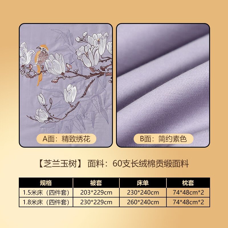 富安娜 四件套床上用品 60支长绒棉  细滑亲肤 简约大方 1.8米床（被套230*229cm）-芝兰玉树