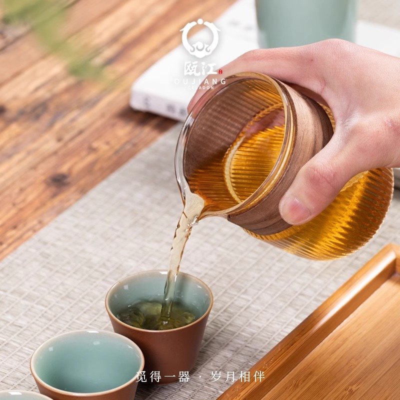 瓯江龙泉青瓷旅行茶具套装 简约陶瓷灰釉便携式创意一壶三杯快客杯