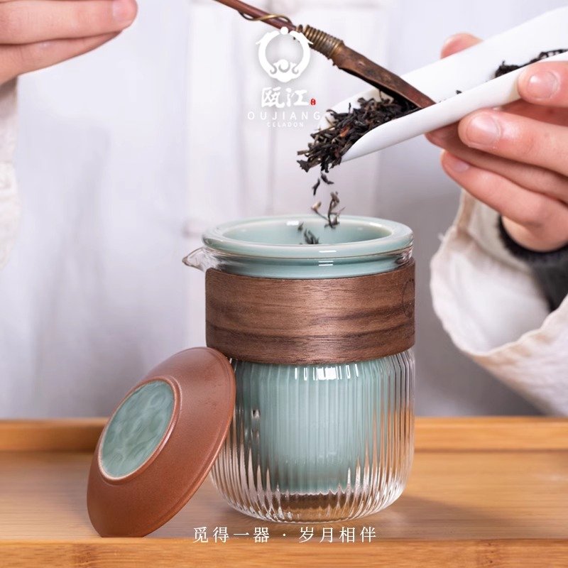 瓯江龙泉青瓷旅行茶具套装 简约陶瓷灰釉便携式创意一壶三杯快客杯