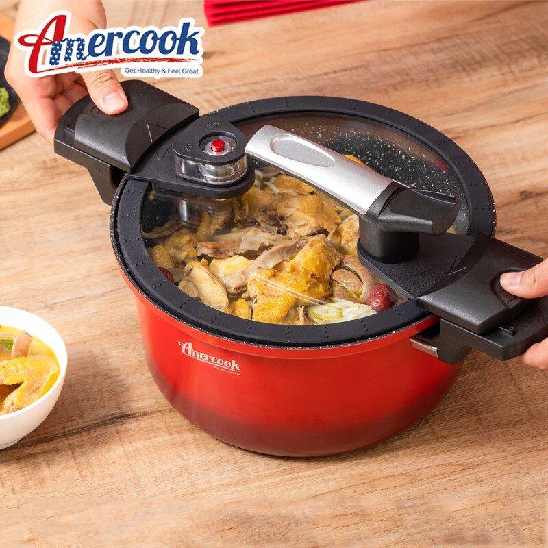 【不再补货】Amercook 红色微压麦饭石汤锅 可随时开盖的压力锅 煤气灶电磁炉通用 4L（3-5人量）