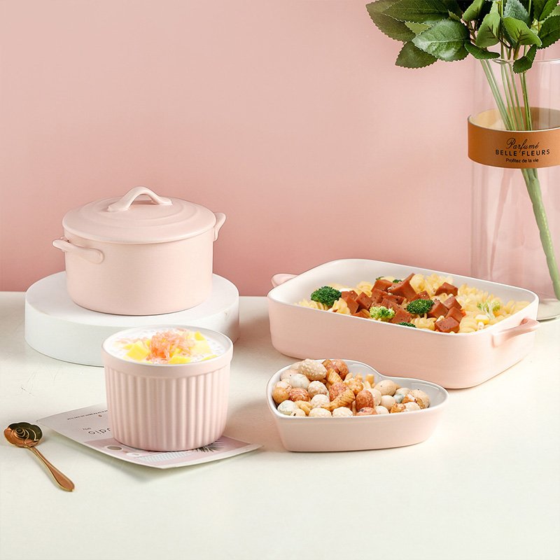 【包邮】松发 家用陶瓷烘培餐具4件套 芝士焗饭盘烤盘烤盅 哑光粉
