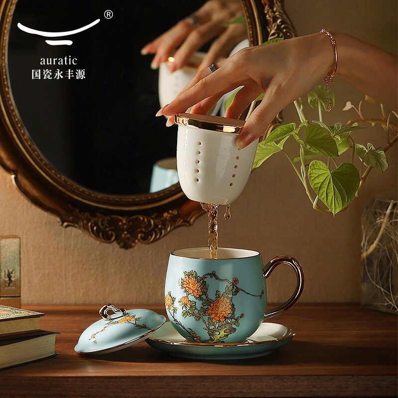 【中国直邮，时效10-15天】Auratic 国瓷永丰源 夫人瓷西湖蓝 四件套盖杯泡茶杯280ml
