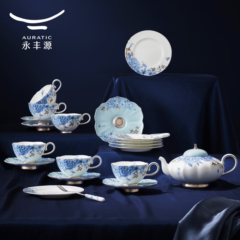 【中国直邮，时效10-15天】Auratic 国瓷永丰源铂金青花26头茶咖具（6人位）-中秋礼