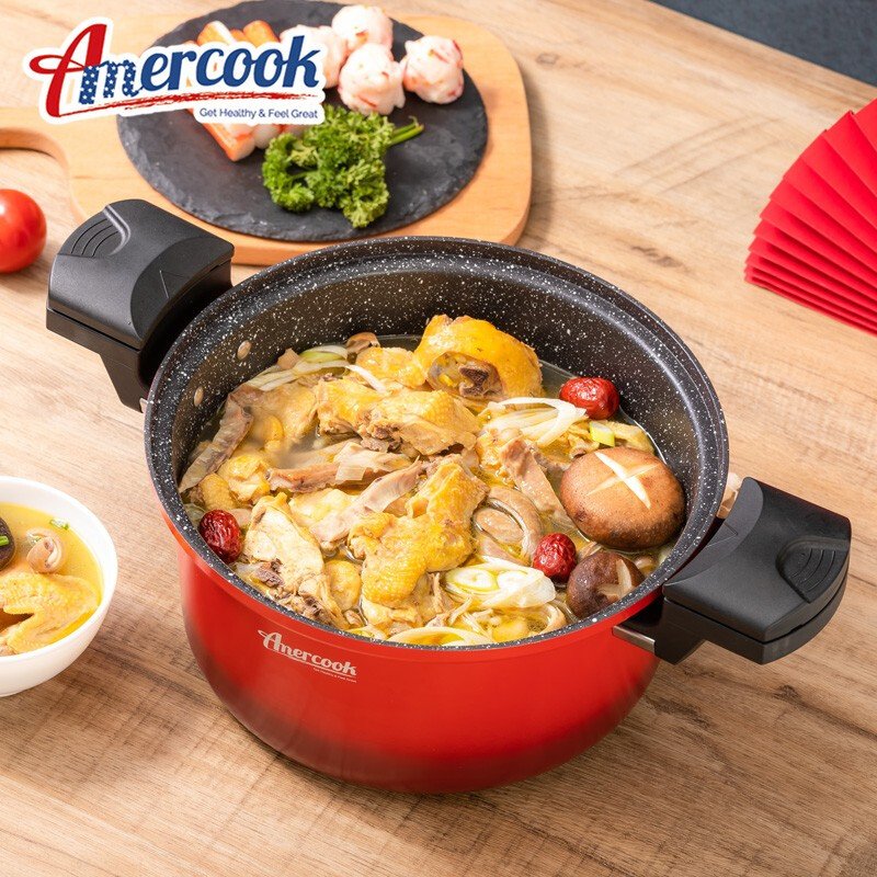 【不再补货】Amercook 红色微压麦饭石汤锅 可随时开盖的压力锅 煤气灶电磁炉通用 4L（3-5人量）
