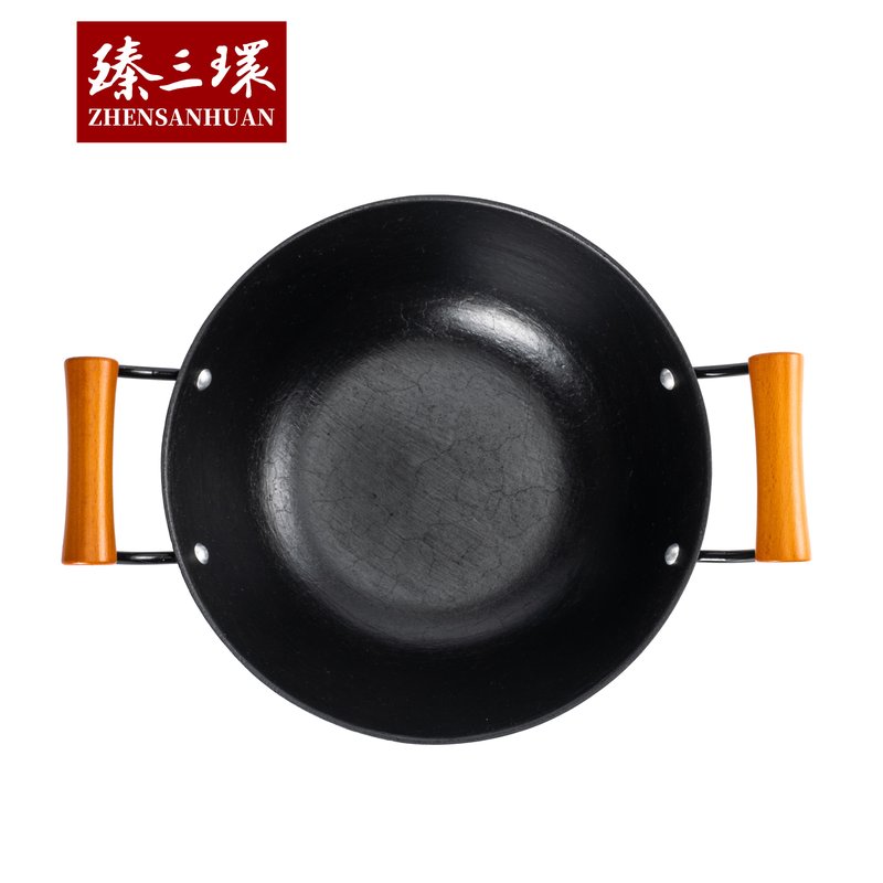 臻三环 章丘铁锅物理不粘锅炒锅 铸铁锅家用炖锅 双耳老式加深炒菜锅 26cm