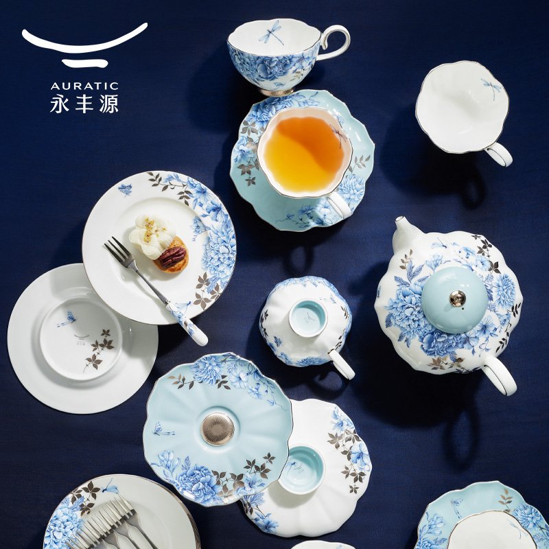 【中国直邮，时效10-15天】Auratic 国瓷永丰源铂金青花26头茶咖具（6人位）-中秋礼