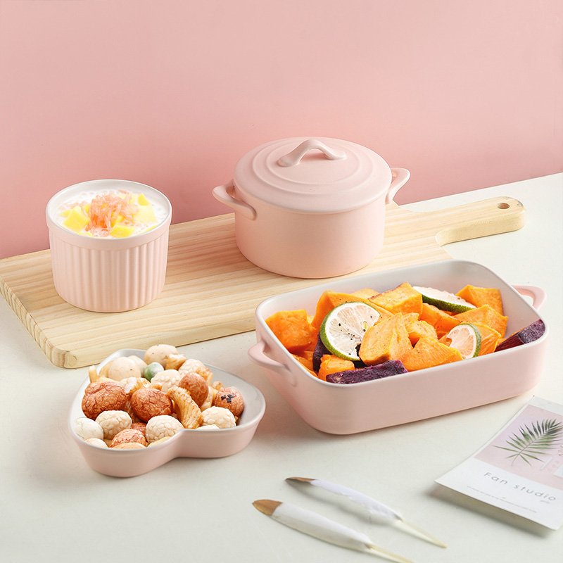 【包邮】松发 家用陶瓷烘培餐具4件套 芝士焗饭盘烤盘烤盅 哑光粉