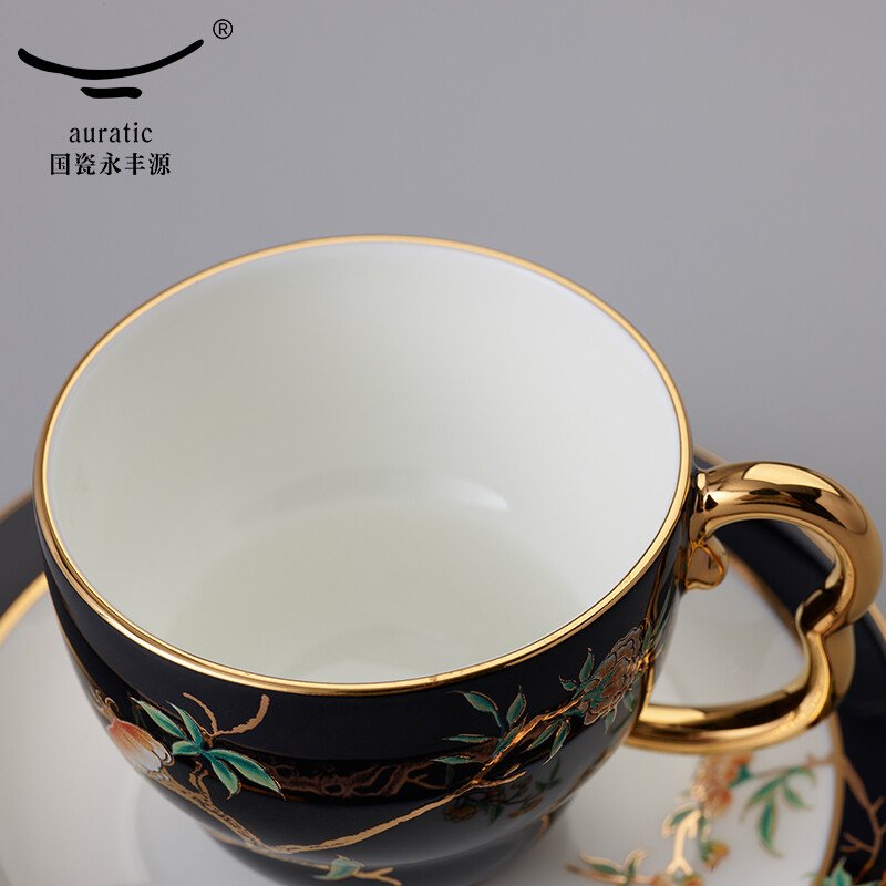 【中国直邮，时效10-15天】Auratic 国瓷永丰源 夫人瓷·石榴家园4头咖啡杯碟 黑色 160ML