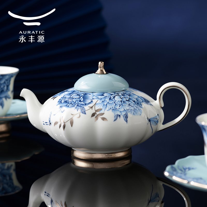 【中国直邮，时效10-15天】永丰源 铂金青花6头中式茶具（2人位）-中秋礼