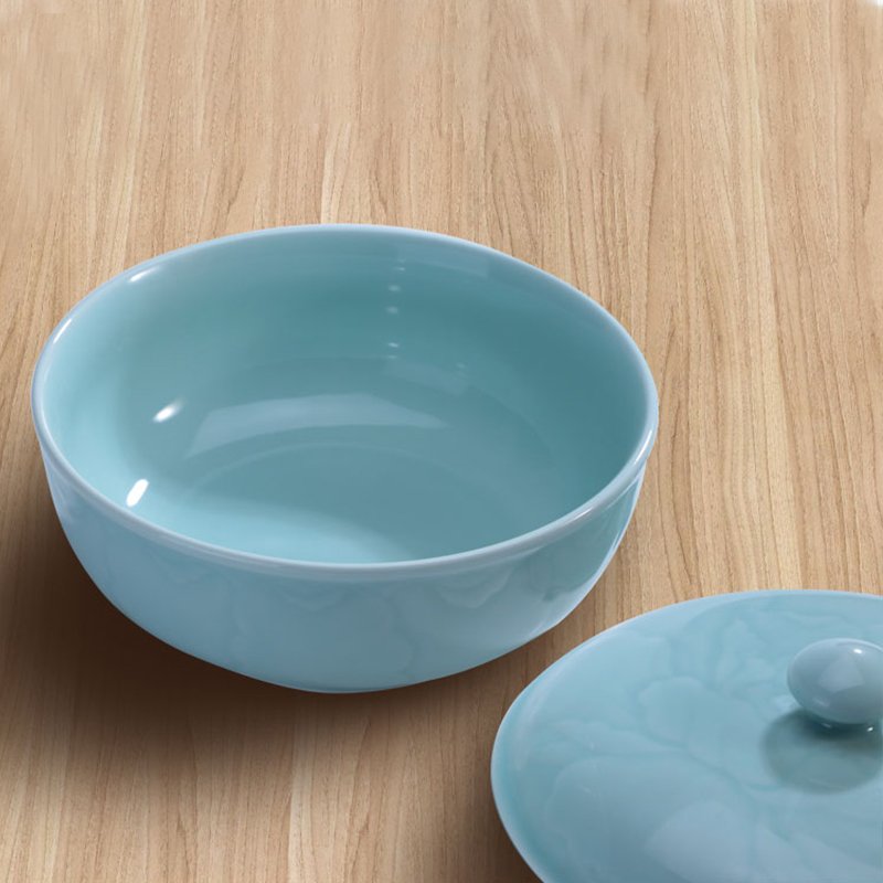 【已停售】OUJIANG瓯江龙泉青瓷 牡丹品锅 家用带盖中式大汤盆 不含铅镉 粉青色 10英寸