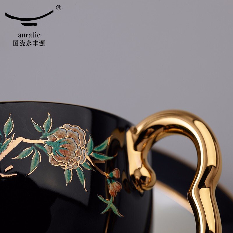 【中国直邮，时效10-15天】Auratic 国瓷永丰源 夫人瓷·石榴家园4头咖啡杯碟 黑色 160ML