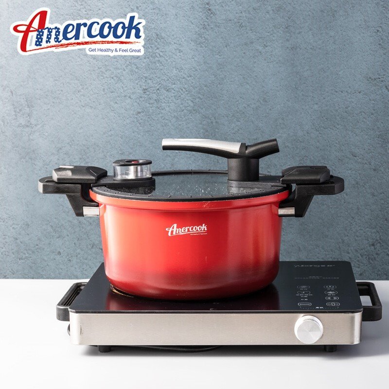 【不再补货】Amercook 红色微压麦饭石汤锅 可随时开盖的压力锅 煤气灶电磁炉通用 4L（3-5人量）