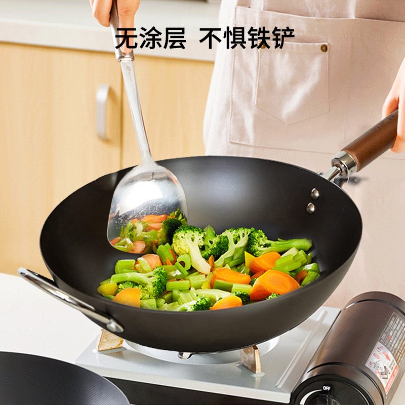 【高性价比】王源吉 家用窒化炒锅铸铁锅+年轮煎锅+锅铲套装 健康无涂层 轻油少烟 燃气灶可用 32/34/36cm