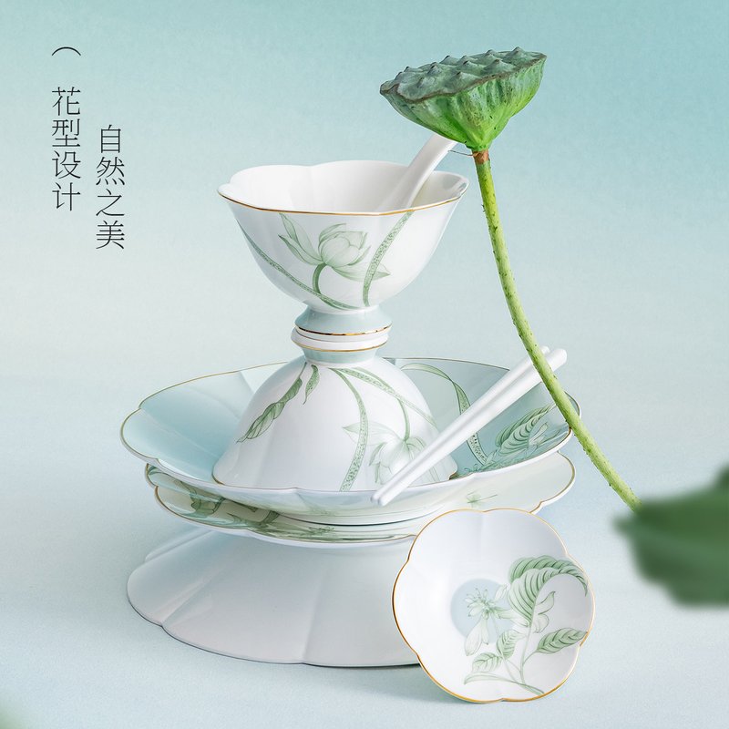 或蘭东方雅致陶瓷骨瓷餐具碗碟盘套装 中式盘子碗礼盒套装分餐-荷澹18头（4人位）