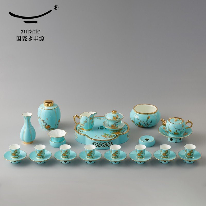 【中国直邮，时效10-15天】Auratic 国瓷永丰源 夫人瓷西湖蓝 33头茶具套装 功夫茶具套装