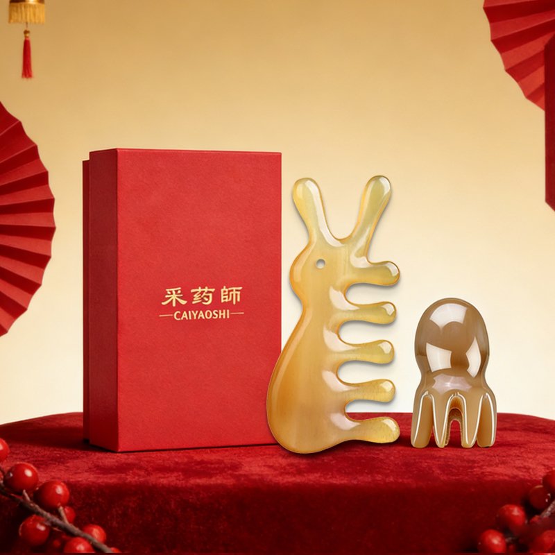 【中国直邮，时效8-20天】采药师 鼻刮眼部按摩器小兔子梳+头部经络梳白花八爪鱼梳牛角梳礼盒套装