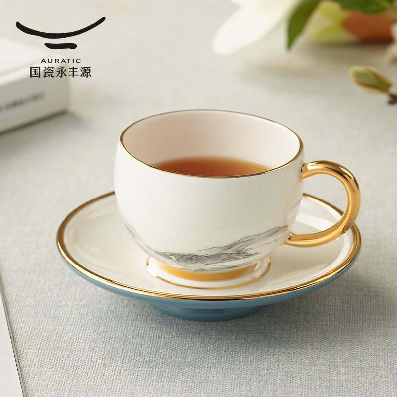 【中国直邮，时效10-15天】Auratic 国瓷永丰源先生瓷-千里江山两头茶咖杯-水墨?(140ml)"