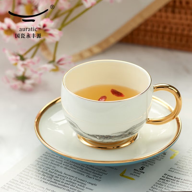 【中国直邮，时效10-15天】Auratic 国瓷永丰源先生瓷-千里江山两头茶咖杯-水墨?(140ml)"