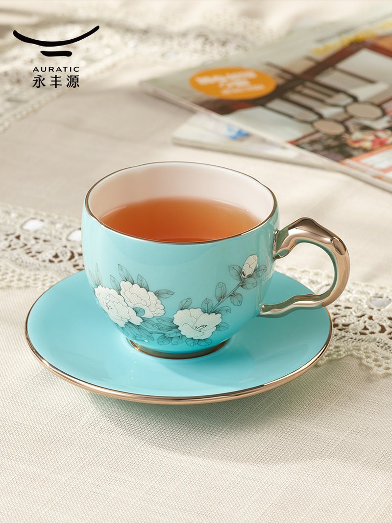 【中国直邮，时效10-15天】Auratic 国瓷永丰源夫人瓷-手绘蓝2头茶咖杯碟(150ml)