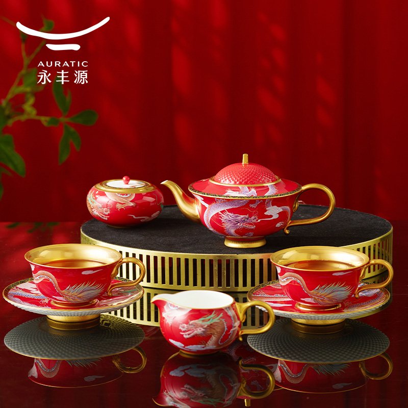 【中国直邮，时效10-15天】Auratic 国瓷永丰源大运龙回10头茶咖具（2人位-国红）