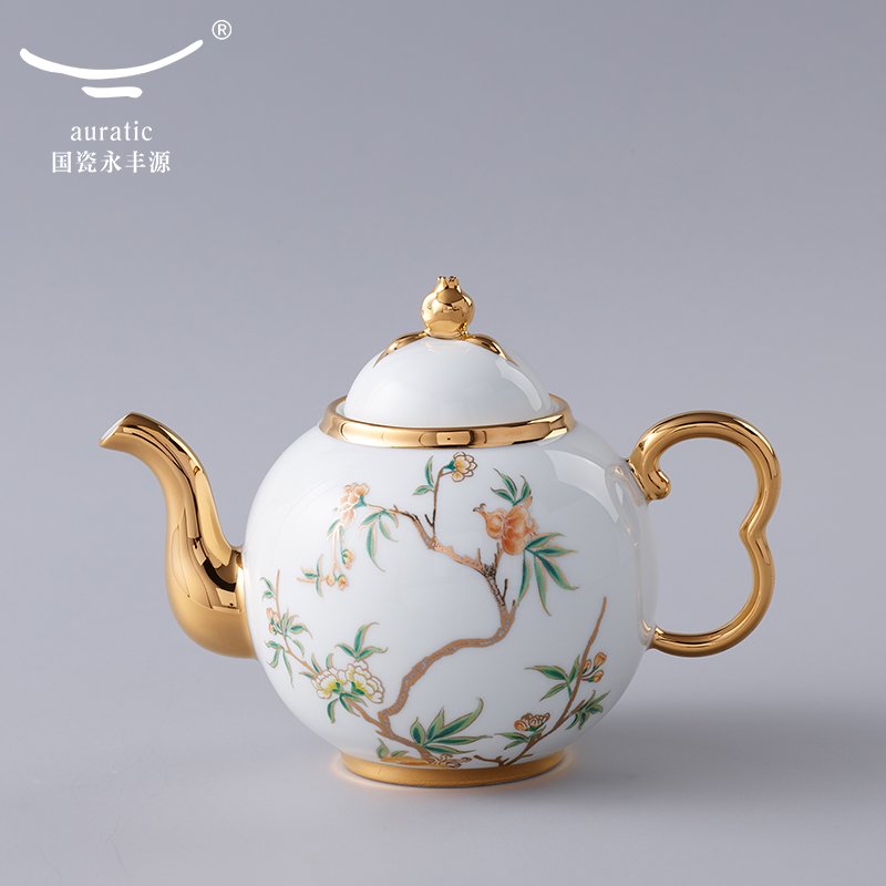 【中国直邮，时效10-15天】Auratic 国瓷永丰源夫人瓷-石榴家园14头圆壶茶具（450ml)