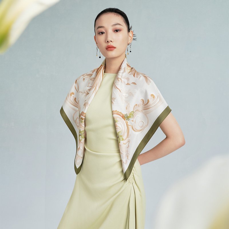 【下架】【中国直邮，时效8-20天】万事利秋冬新品真丝丝巾高级时尚双面印花88cm方巾女生礼物玉楼春-绿色