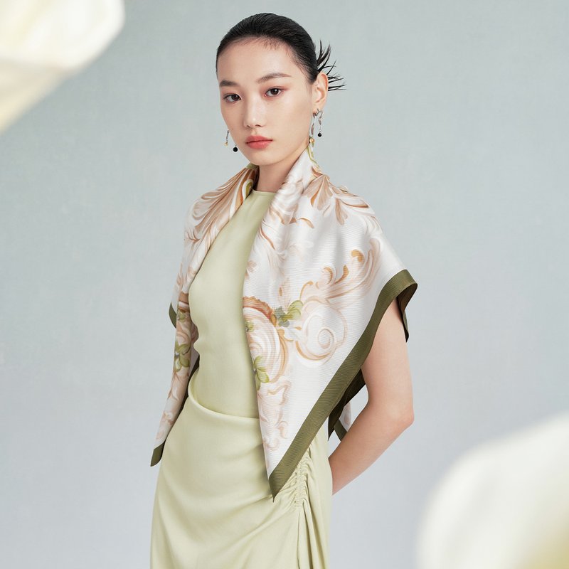 【下架】【中国直邮，时效8-20天】万事利秋冬新品真丝丝巾高级时尚双面印花88cm方巾女生礼物玉楼春-绿色