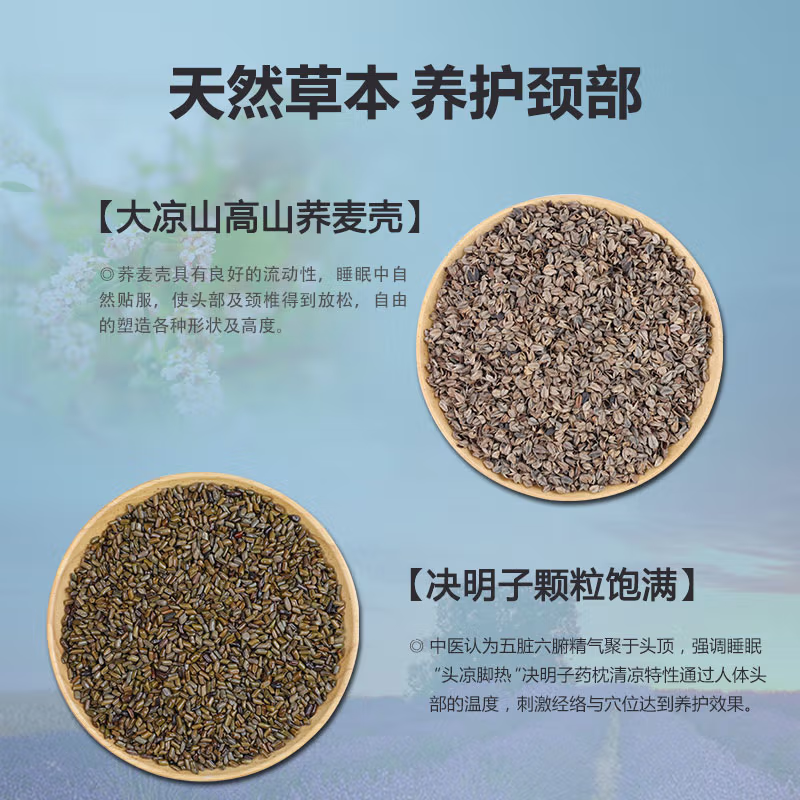蜀国御 荞麦壳决明子枕头枕芯颈椎睡觉夏季专用硬枕头配水洗全棉枕套-2kg荞麦壳+1kg决明子
