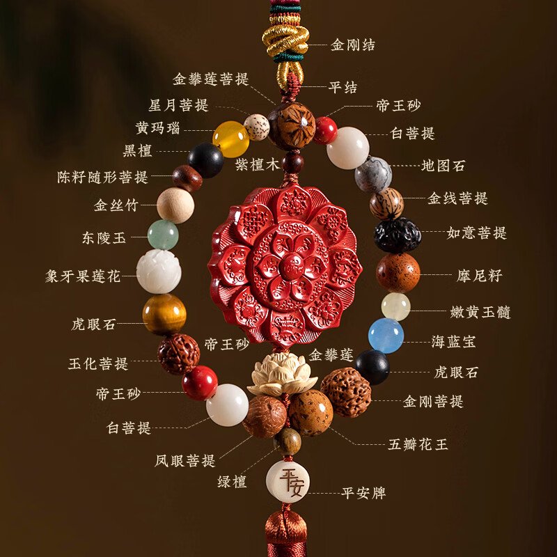 【中国直邮，时效7-15天】物藏堂 朱砂车挂 2025蛇年高档汽车挂件朱砂多宝莲花十八籽平安车挂吊饰