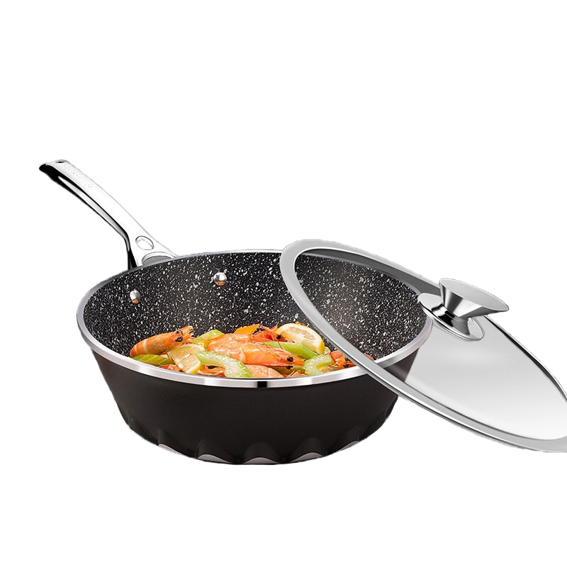 Amercook 火焰系列黑色煎锅 麦饭石不粘煎锅带盖  健康不粘 轻油少烟 28cm