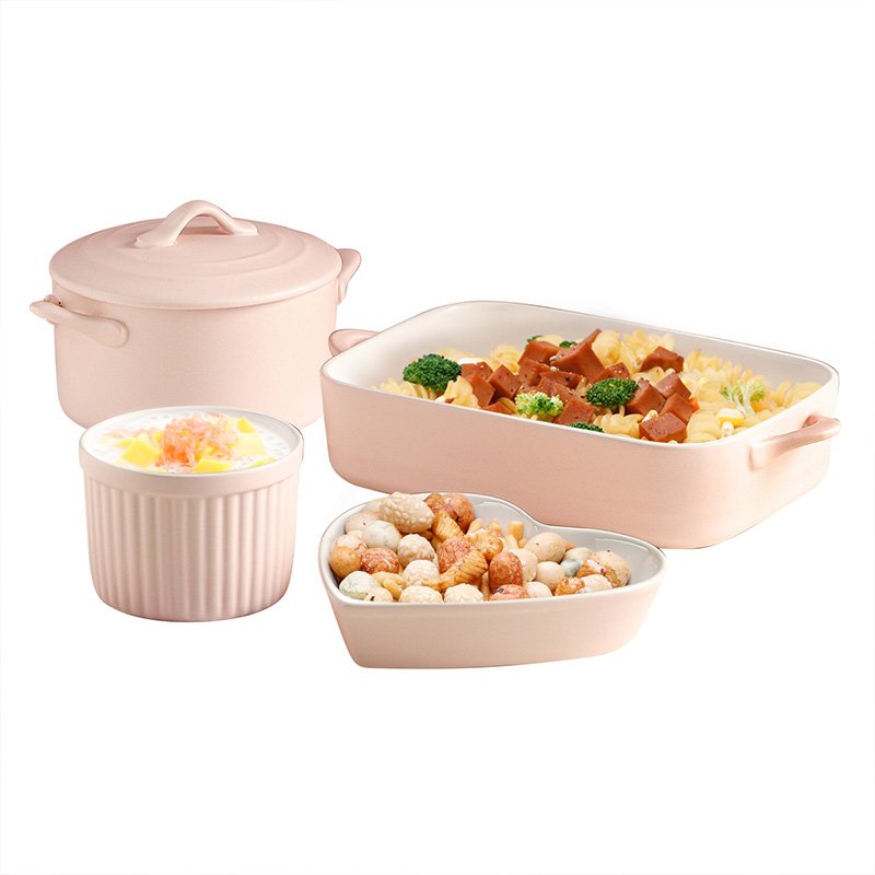 【包邮】松发 家用陶瓷烘培餐具4件套 芝士焗饭盘烤盘烤盅 哑光粉