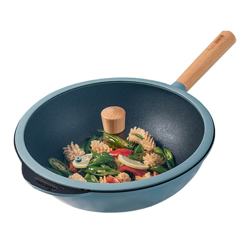 Amercook 扶桑木库系列炒锅 不粘炒锅带盖 不粘少油烟 不挑炉灶 清新蓝32cm
