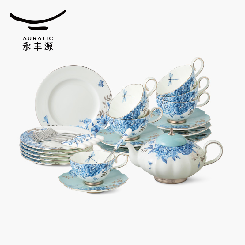 【中国直邮，时效10-15天】Auratic 国瓷永丰源铂金青花26头茶咖具（6人位）-中秋礼