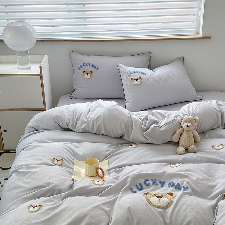 【中国直邮，时效6-10个工作日】Lullabuy 奶噗噗的小熊四件套四季居家床品套装床单被套枕套 灰色