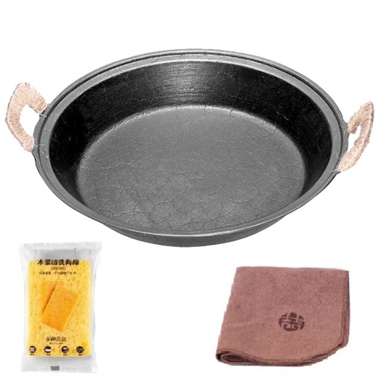 王源吉 双耳煎锅 铸铁煎盘 古法泥膜浇筑 生铁煎锅 煎牛排锅贴-30CM
