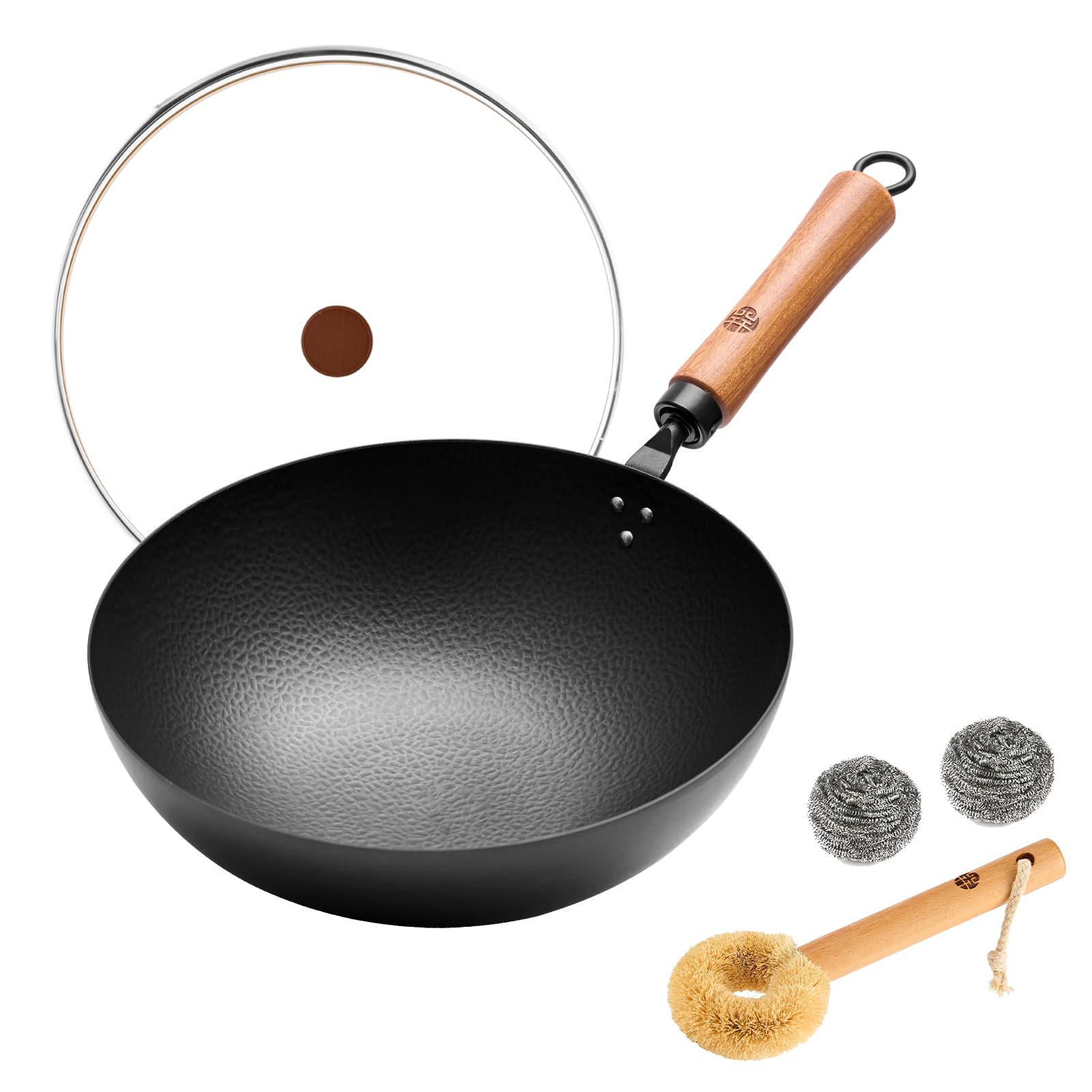 王源吉 家用冷锻炒锅铸铁锅 健康无涂层 圆形底部带玻璃盖28CM(11英寸)