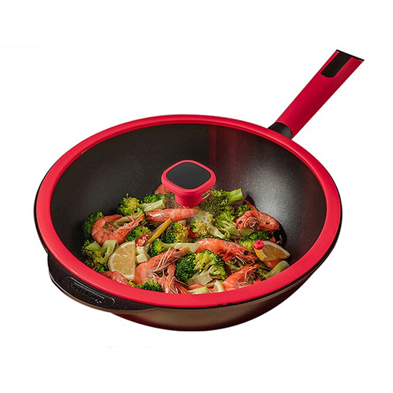 Amercook 扶桑木库系列中国红炒锅 不粘炒锅带盖  健康不粘 轻油少烟 32cm