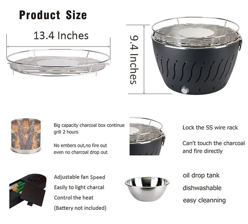 Aobosi Portable Smokeless Charcoal Barbecue Grill Stainless Steel Non-Stick Surface Battery Operated Outdoor/Indoor detail image 4