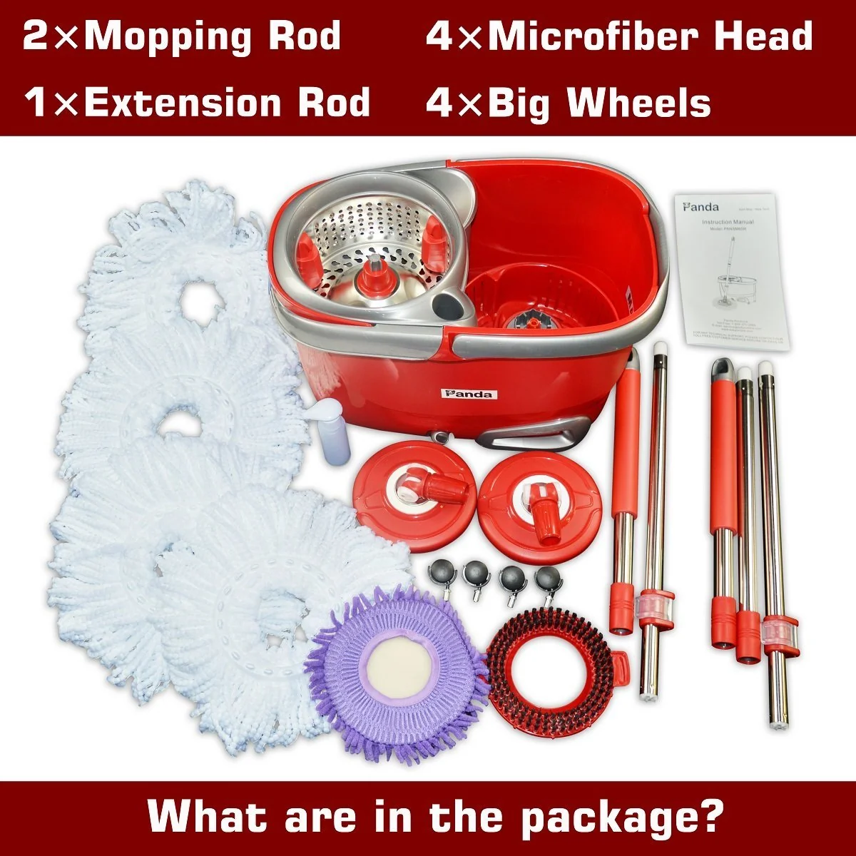 Panda Premium Effortless Wring Spin Mop and Bucket Set (2 Mop Rods + 4 Mop Heads) detail image 3