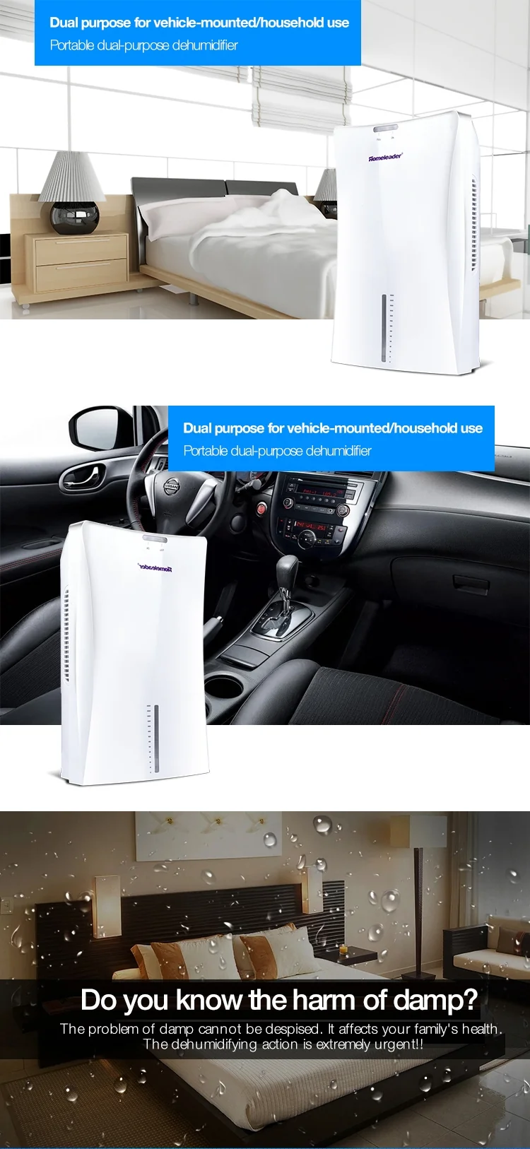 Homeleader 75W Small Dehumidifer, 50Oz Electric compact Dehumidifer with LED light, White, J02-020 detail image 6