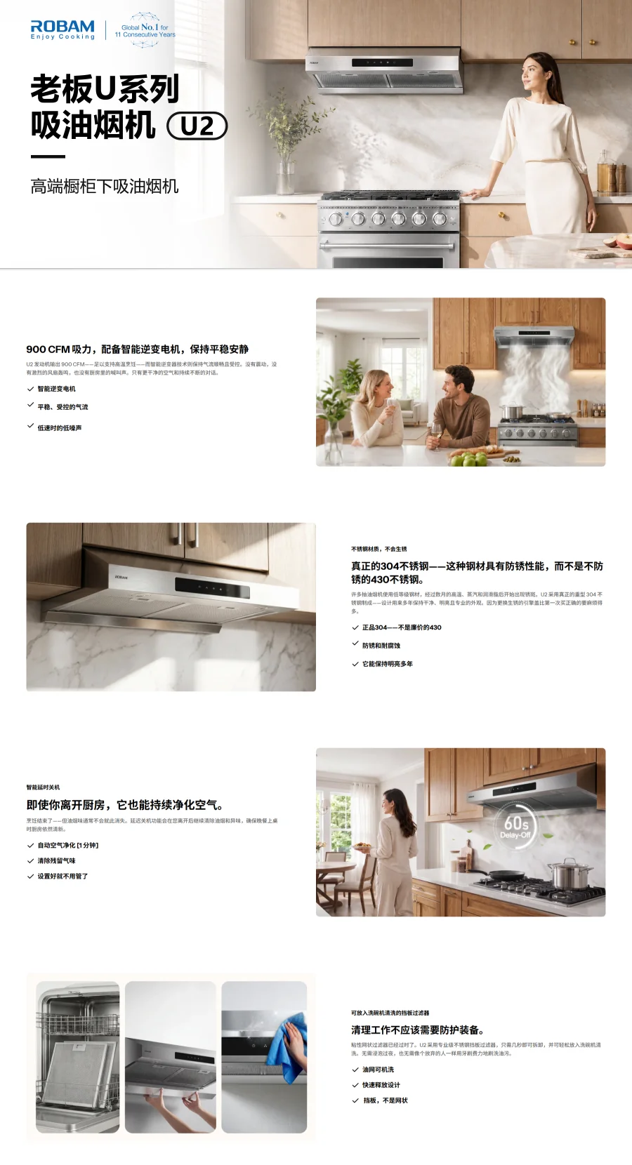 ROBAM老板 下柜式油烟机U23HS 超强劲吸力 304不锈钢机身 30'' 详情图 1