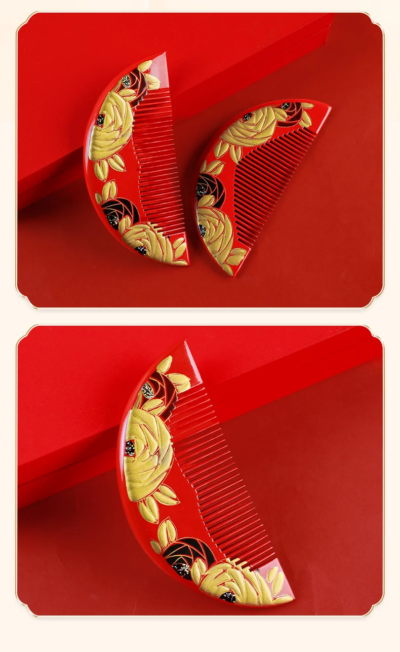 【Direct Shipping from China, Delivery in 8–20 Days】Yumeiren Hand-Painted Lacquered Wooden Combs, Water Boxwood, Wedding Gift, Wedding Rose Design detail image 11